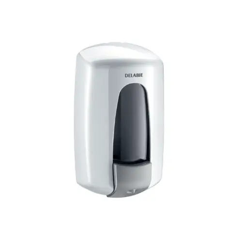 Distributeur de savon liquide mural, réservoir intégré, corps et poussoir en ABS anti-choc, réservoir de 0,9 litres, ABS blanc - DELABIE