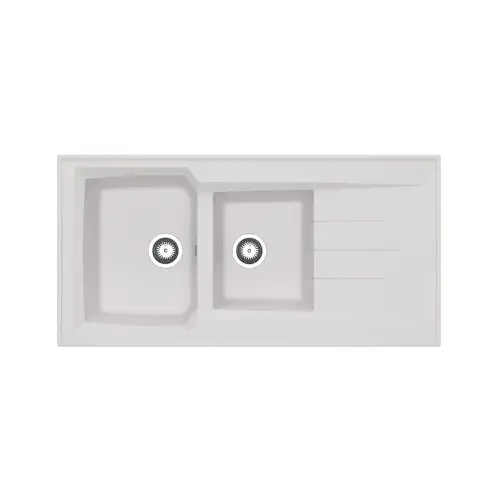 Evier à poser en résine SMC, blanc uni, H 3cm, 120x60 cm, 2 cuves, 1 égouttoir, trou de bonde Ø90, livré nu, sans vidage - MONTREAL (Moderna)