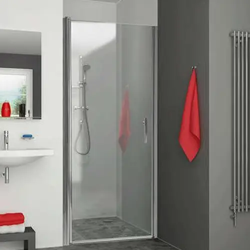 Porte pivotante intégrale, largeur 1000 mm, H 2000 mm, profilé argent poli, verre clair traité anticalcaire – EQUI (Roth)