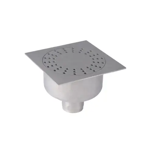 Siphon inox, 200x200, cloche D63, grille trous ronds, garde d'eau 50mm – (Techneau)