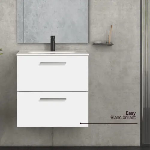 PACK MPSB - Meuble de salle de bains, 70cm, x2 Tiroirs, Blanc brillant + Vasque céramique encastrée + Miroir 100cm + Applique LED