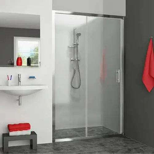 Porte coulissante, 1 coulissante + 1 fixe, H 1.9m, larg 115 cm, profilé argent poli, verre transparent – EQUI (Roth)