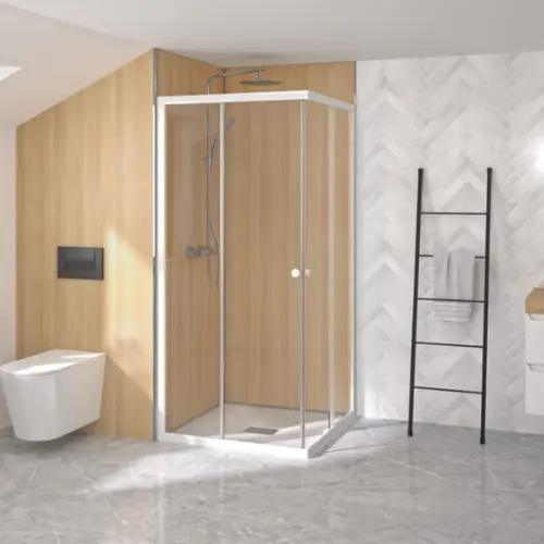 Paroi de douche, ouverture coulissante, accès d'angle, 80x80, profilé blanc, verre transparent, fixe à gauche – SUPRA III (Kinedo)
