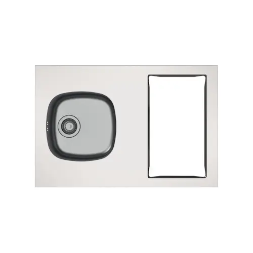 Evier cuisinette, 1 cuve soudée, en inox LISSE, découpe pour domino, bonde à panier chromé Ø90mm, vidage manuel complet avec raccord lave-vaisselle et siphon fournis - ISEO (Moderna)